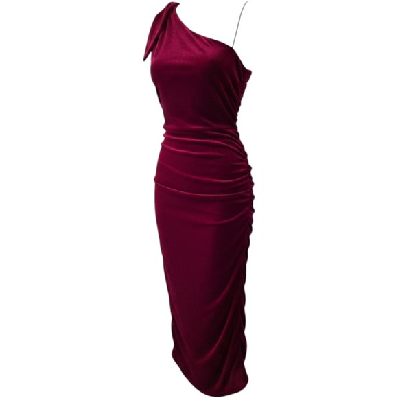 Tahari Arthur S Levine Dresses & Skirts - Tahari Arthur S Levine Burgundy Velvet One Shoulder Ruched Midi Dress Womens 14